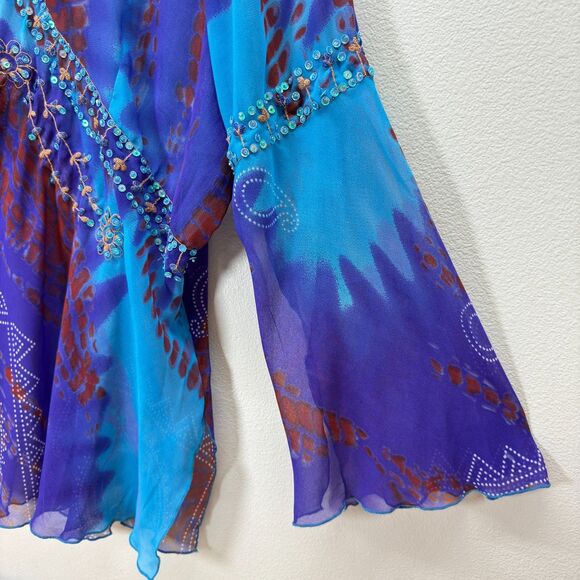 Vtg Y2k Beaded Babydoll Fairy Top Women 3X Blue Ethereal Sheer Gypsy Boho Hippie - Picture 7 of 15
